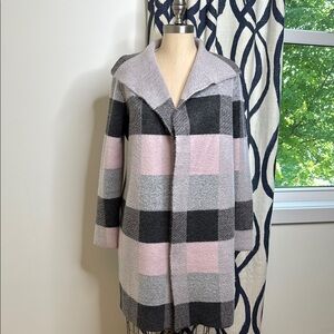 LOFT Pink Gray White Plaid Open Cardigan - M